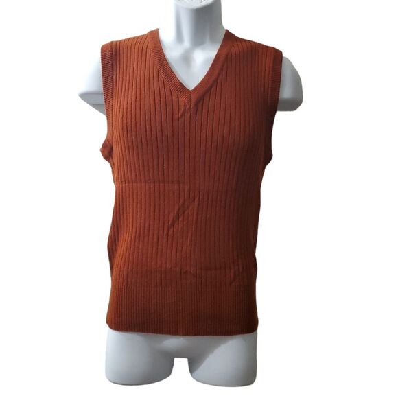 Vintage 1960 1970 Cabot Mens Rust Brown Vneck Ribbed Sweater Vest - Picture 1 of 5